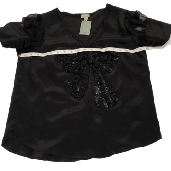 Hoss Intropia Black Silk Top with Beaded/ Sequin Bow and Puffed Sleeves - Picture 6 of 13